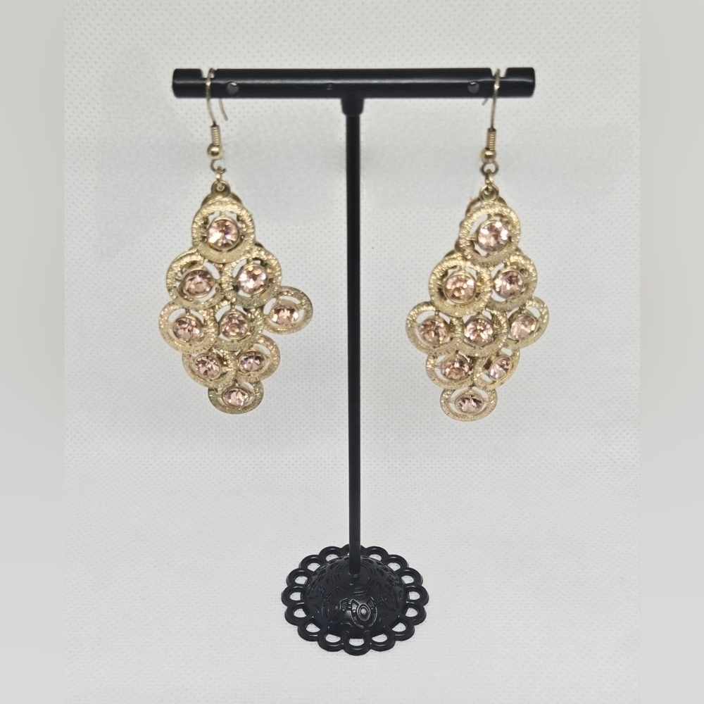 Gold Tone Pink Rhinestone Chandelier Earrings | Glam Statement Dangle